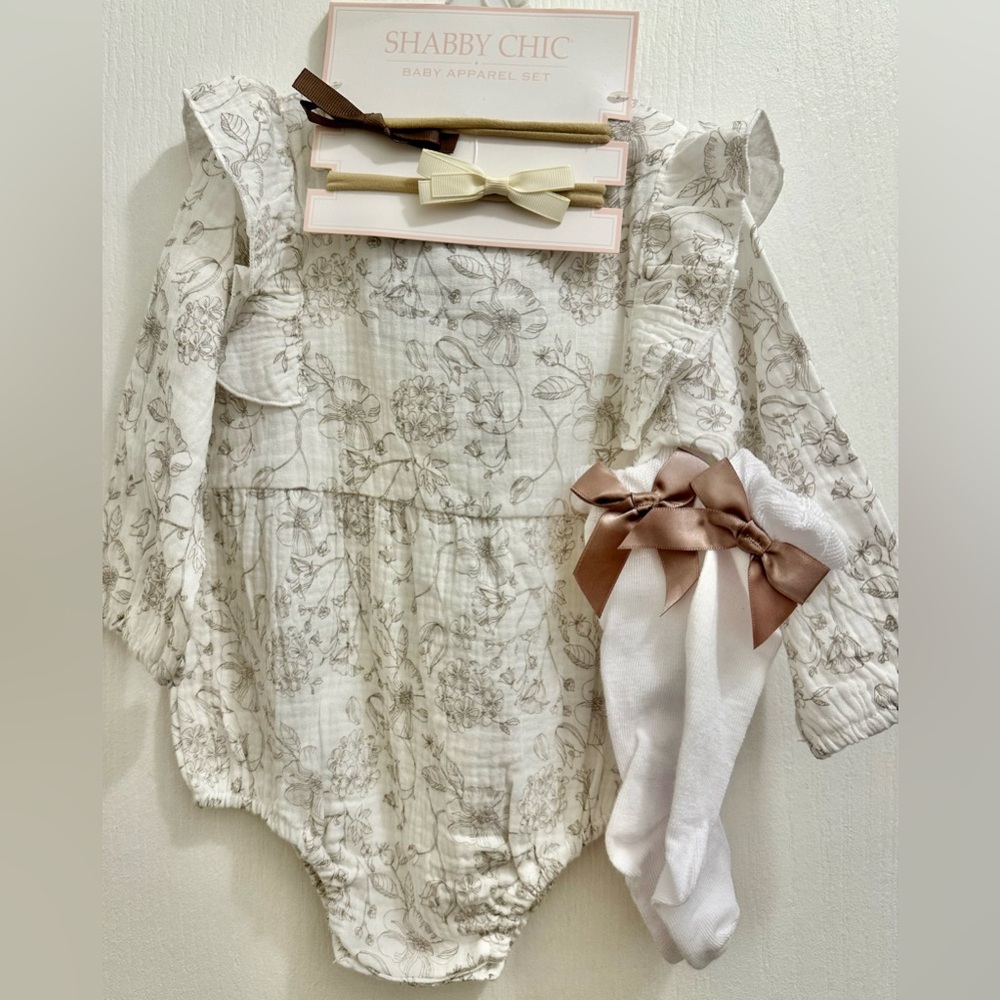 NWT Shabby Chic Floral Bubble Set with Bow Headbands & Knee Socks